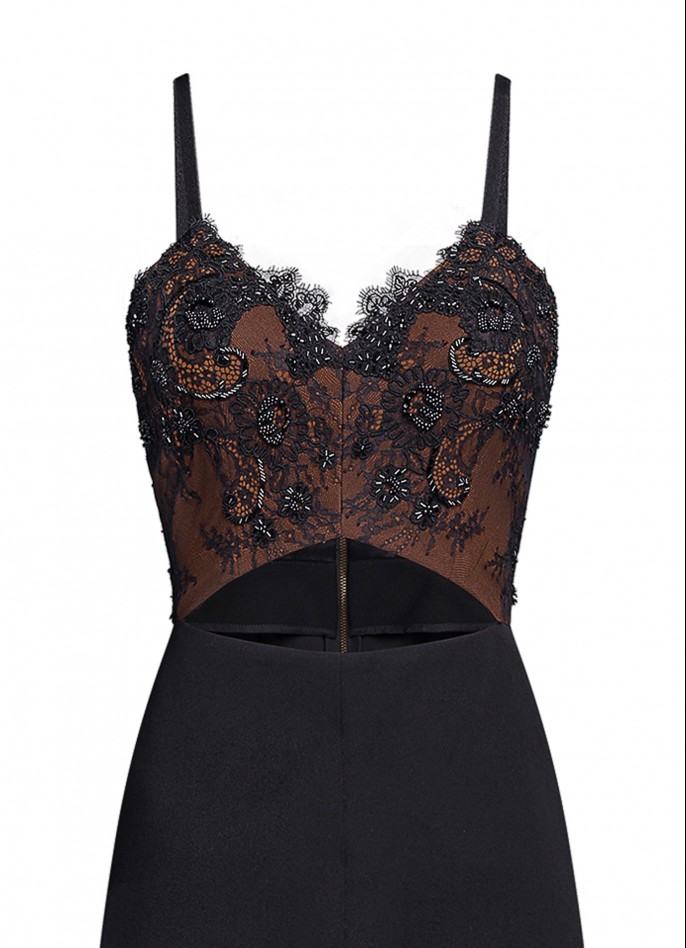 BROWN / BLACK HAND-EMBROIDERED SPANISH LACE CREPE-BLEND JUMPSUIT